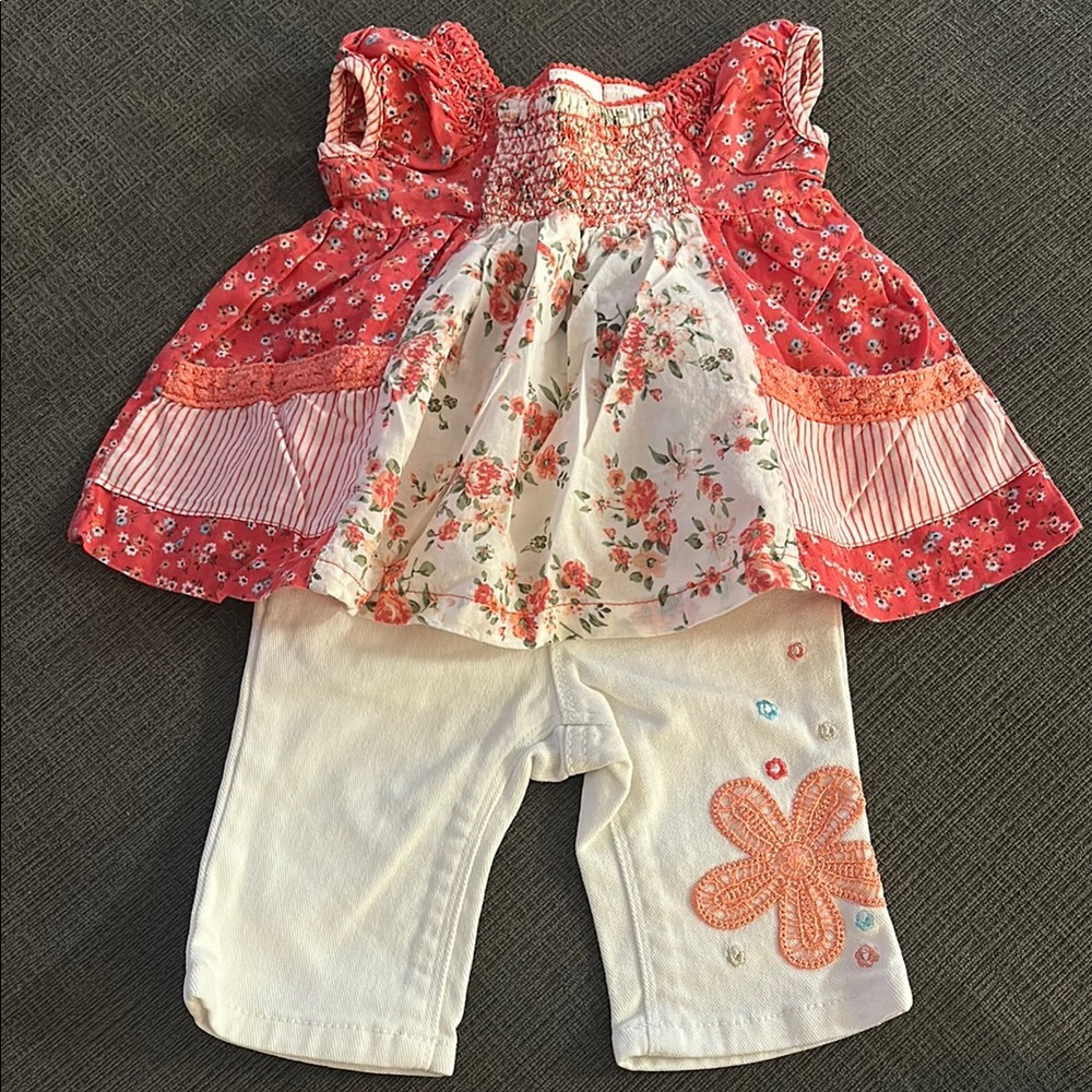 Adorable Baby Girl Outfit – Coral Floral Top & White Pants Set